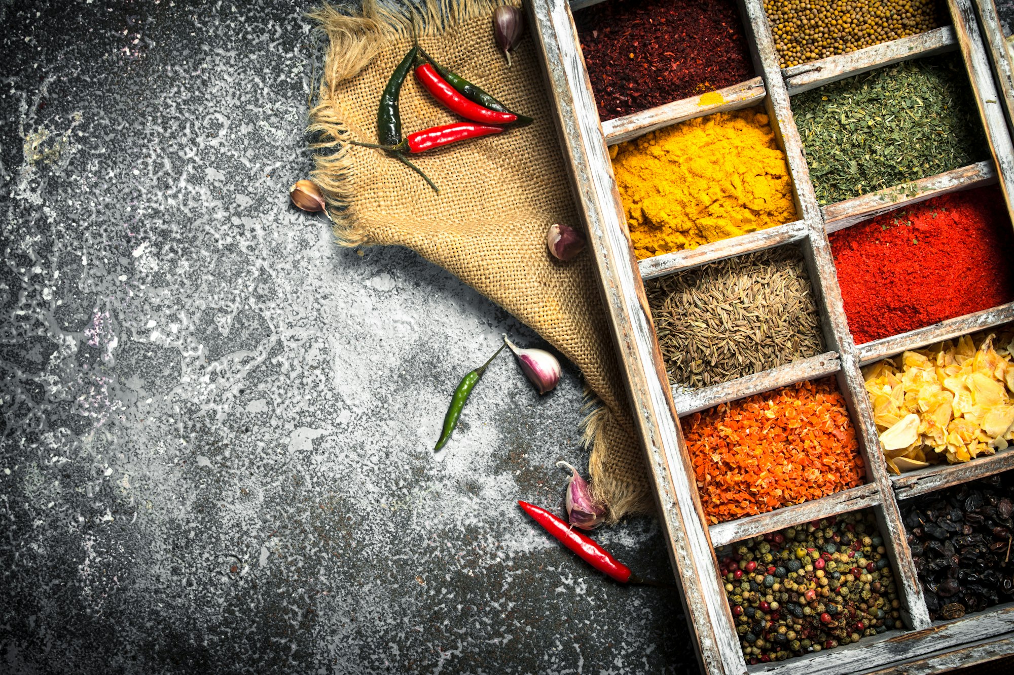 Various herbs and spices in a special box.